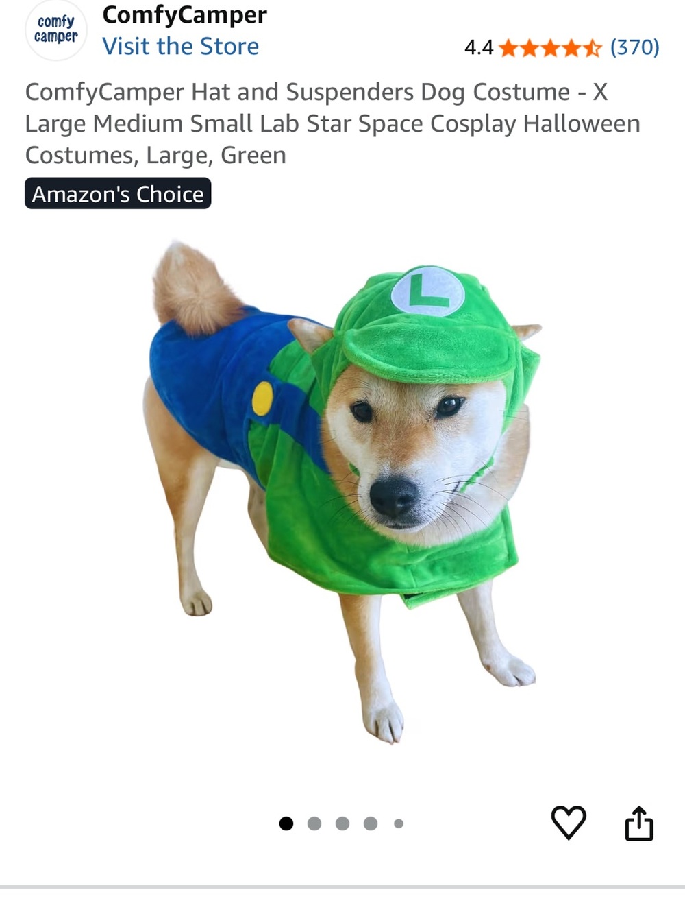 Super Mario Bros Luigi Dog Costume Size Large